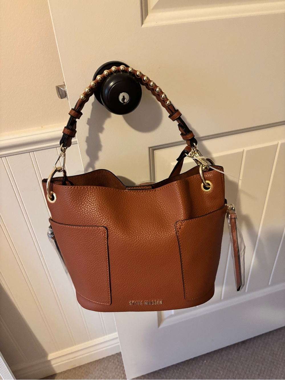 Steve Madden Cognac Pebbled Faux Leather Beaded-Handle Shoulder Bag
